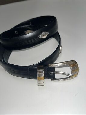 Bill Adler Studio Black Leather Belt with Two-Tone Silver & Gold Buckle 42”